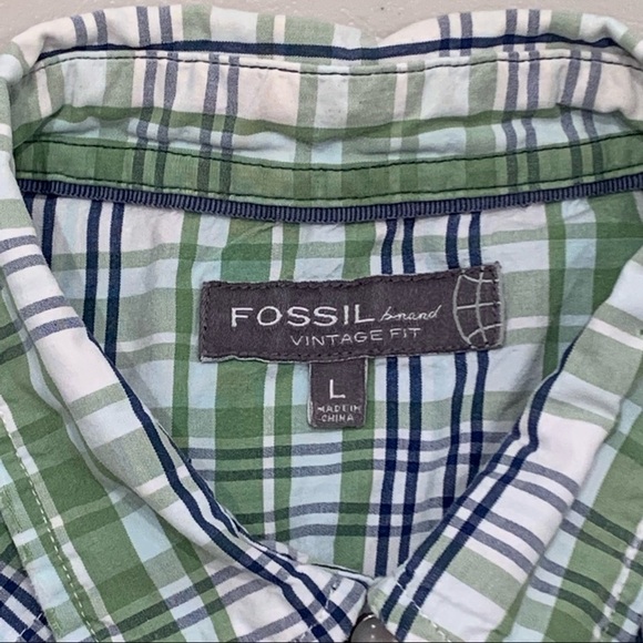 Fossil Brand men's long sleeve button down casual shirt Green Blue White Plaid L - Picture 5 of 10